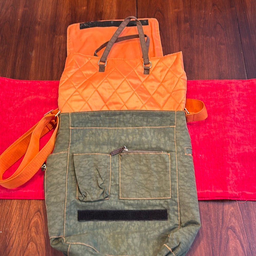 Mint condition Green& Orange crossbody travel bag . Includes a tote bag .